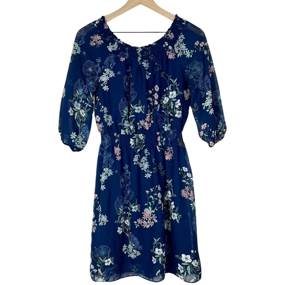 MAURICES Dress Mini Sheer Floral 3/4 Sleeve Ruched Stretch Waist Navy Size XS